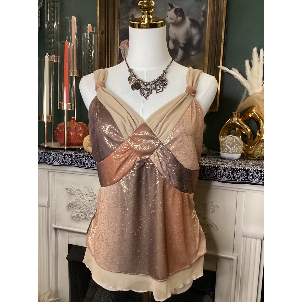 Cato Womens Large Gold Metallic Paisley Foil Cowl Back Camisole Top Tan Copper